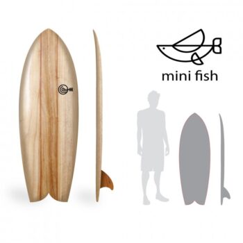 Tabla de surf Mini Fish de madera hueca, mostrada en vistas frontal y lateral con twin fin fijo y silueta de surfista para escala.