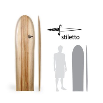 Tabla de surf Stiletto de madera Paulownia hueca, mostrada en vistas frontal y lateral, sin quillas y acompañada por la silueta de un surfista para escala.